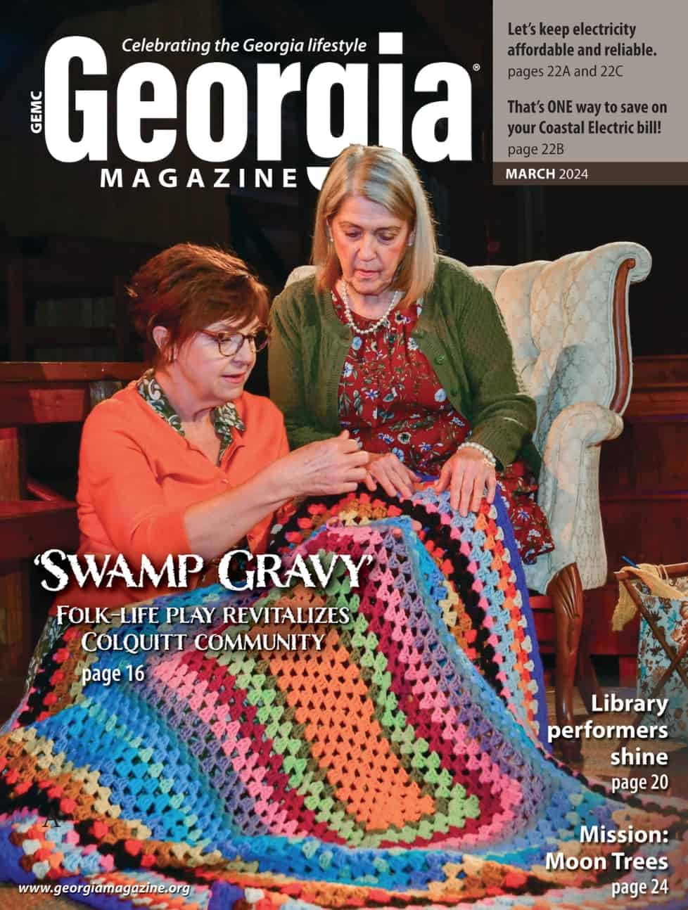 March 2024 Georgia Magazine cover featuring locals Nan Stuart and Vicki Phillips performing a story about their neighbors in "Swamp Gravy."