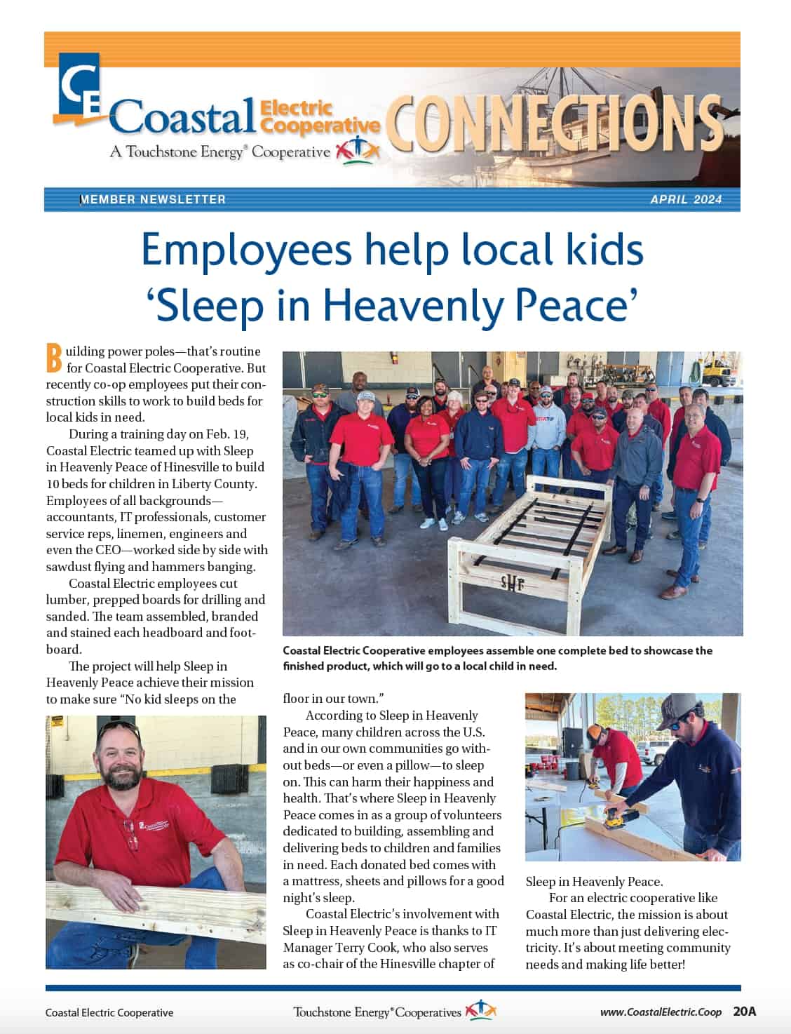Sample Connections newsletter cover featuring Coastal Electric Cooperative employees with a children's bed that they built.