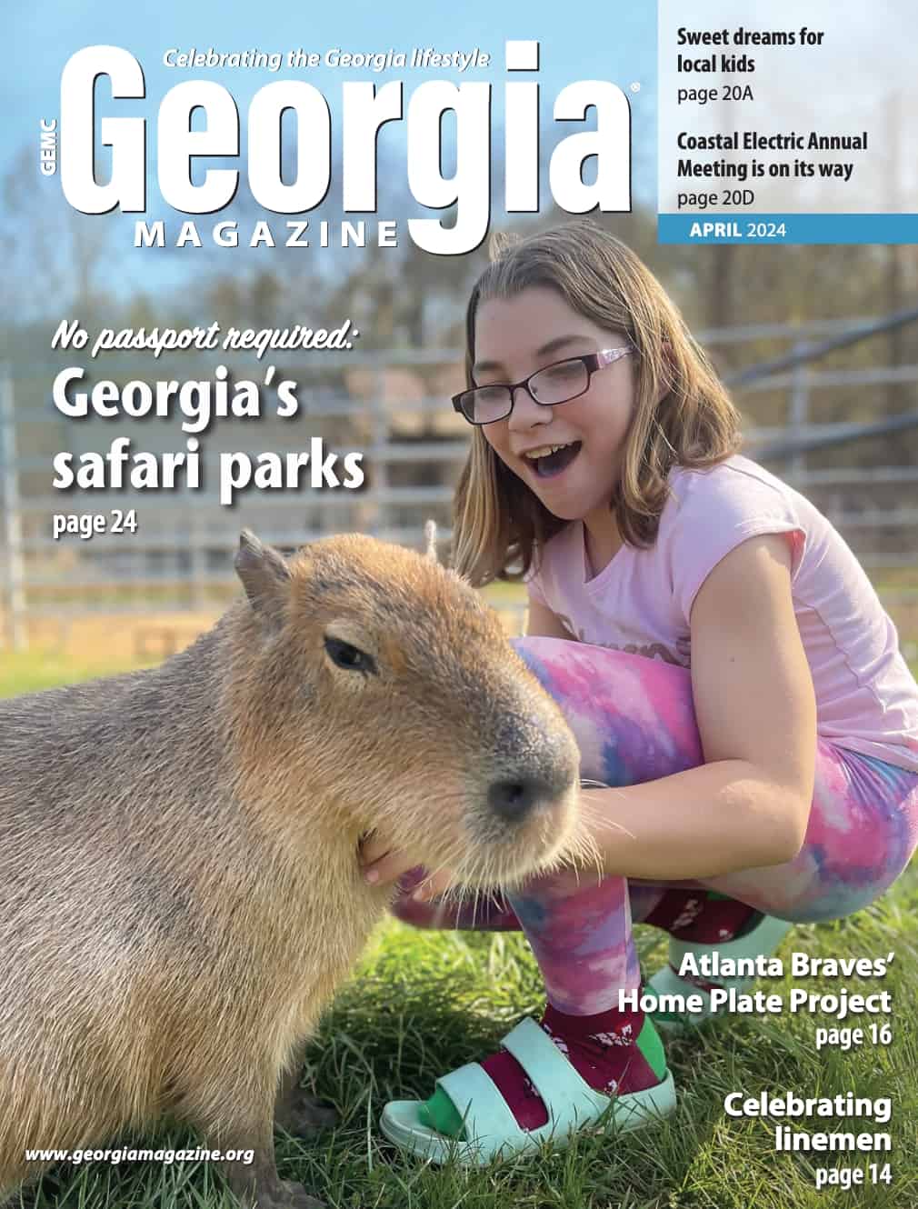 April 2024 Georgia Magazine cover featuring a girl petting a baby capybara at the North Georgia Wildlife and Safari Park