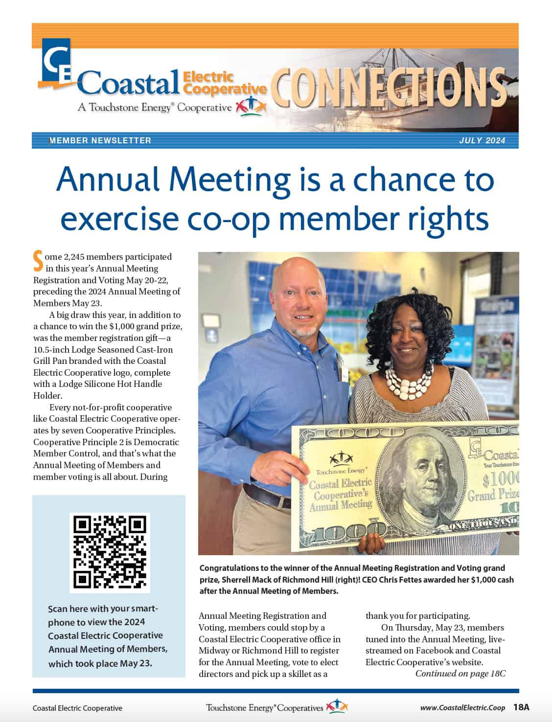 July newsletter cover featuring Sherrell Mack of Richmond Hill as CEO Chris Fettes awarded her $1,000 cash after the Annual Meeting of Members