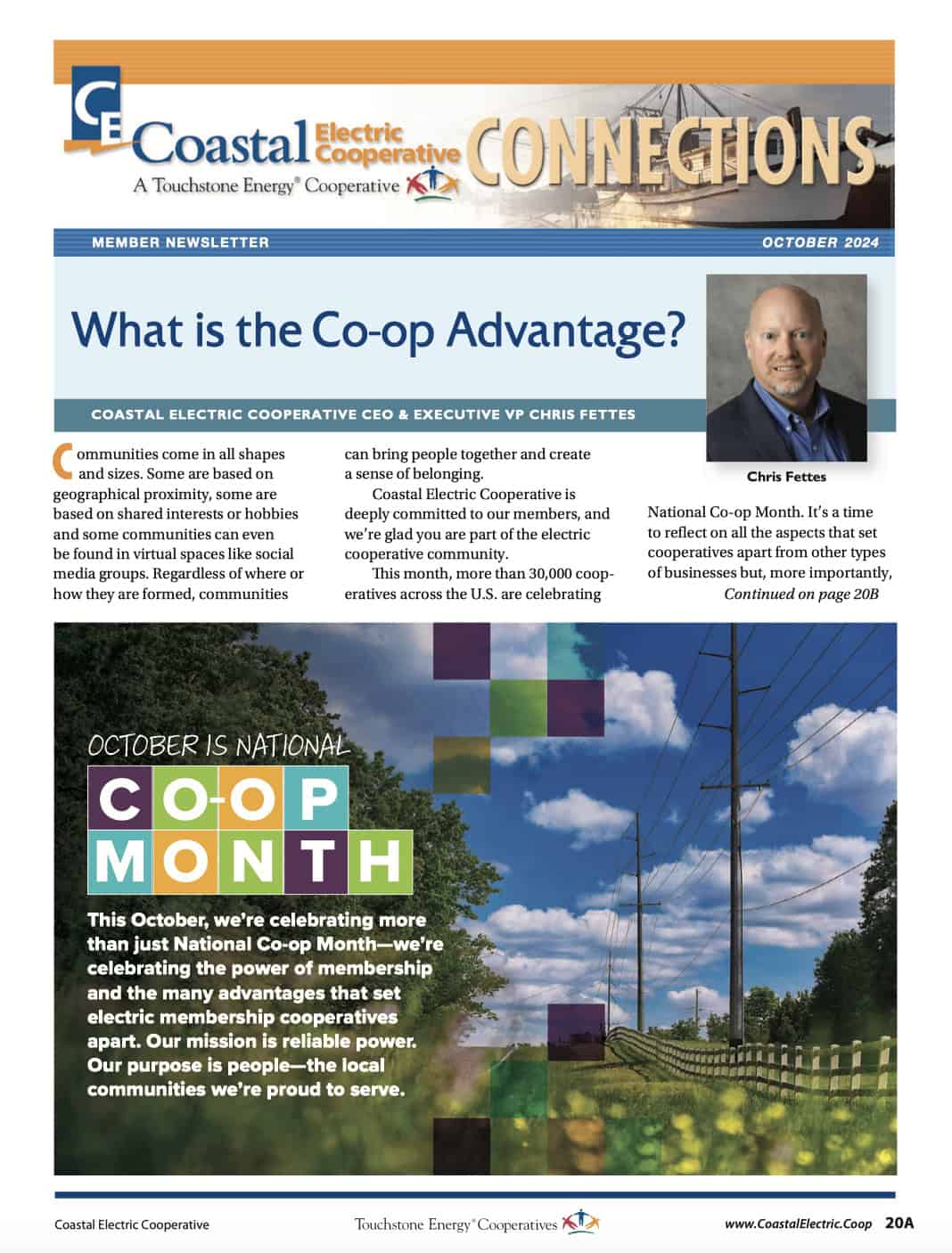 The image features Coastal Electric Cooperative newsletter discussing Co-op advantages and National Co-op Month celebrations, including a picture of a person and a scenic rural landscape.