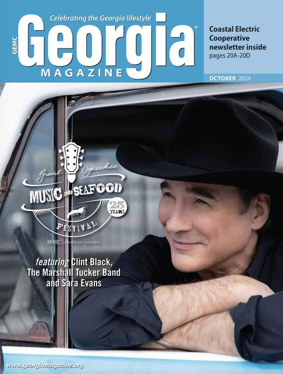 Cover of Georgia Magazine featuring a person in a black hat, promoting the Great Ogeechee Music and Seafood Festival, October 2024 issue.