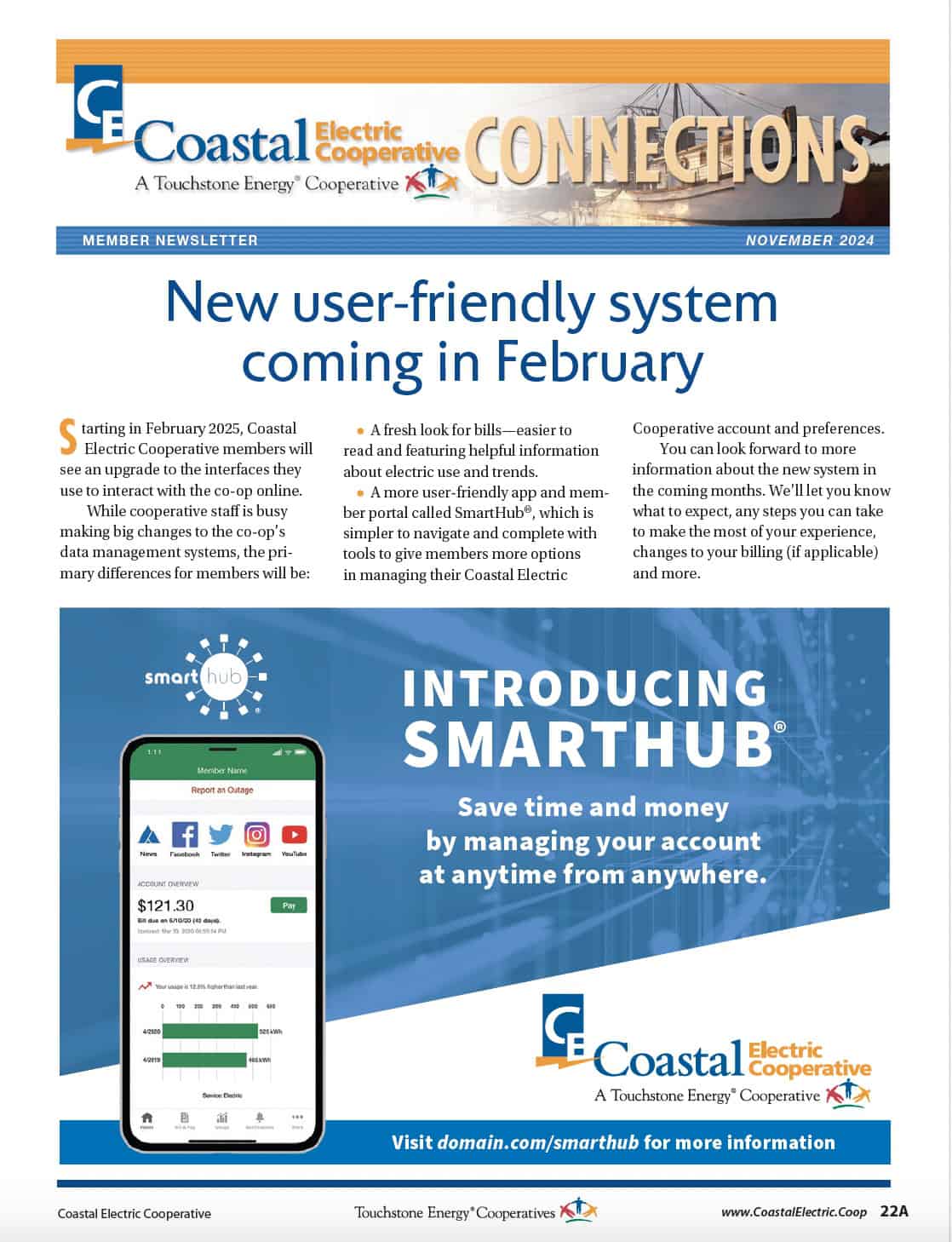 Newsletter announcing a user-friendly system update for Coastal Electric Cooperative members in February 2025, featuring SmartHub app for account management.