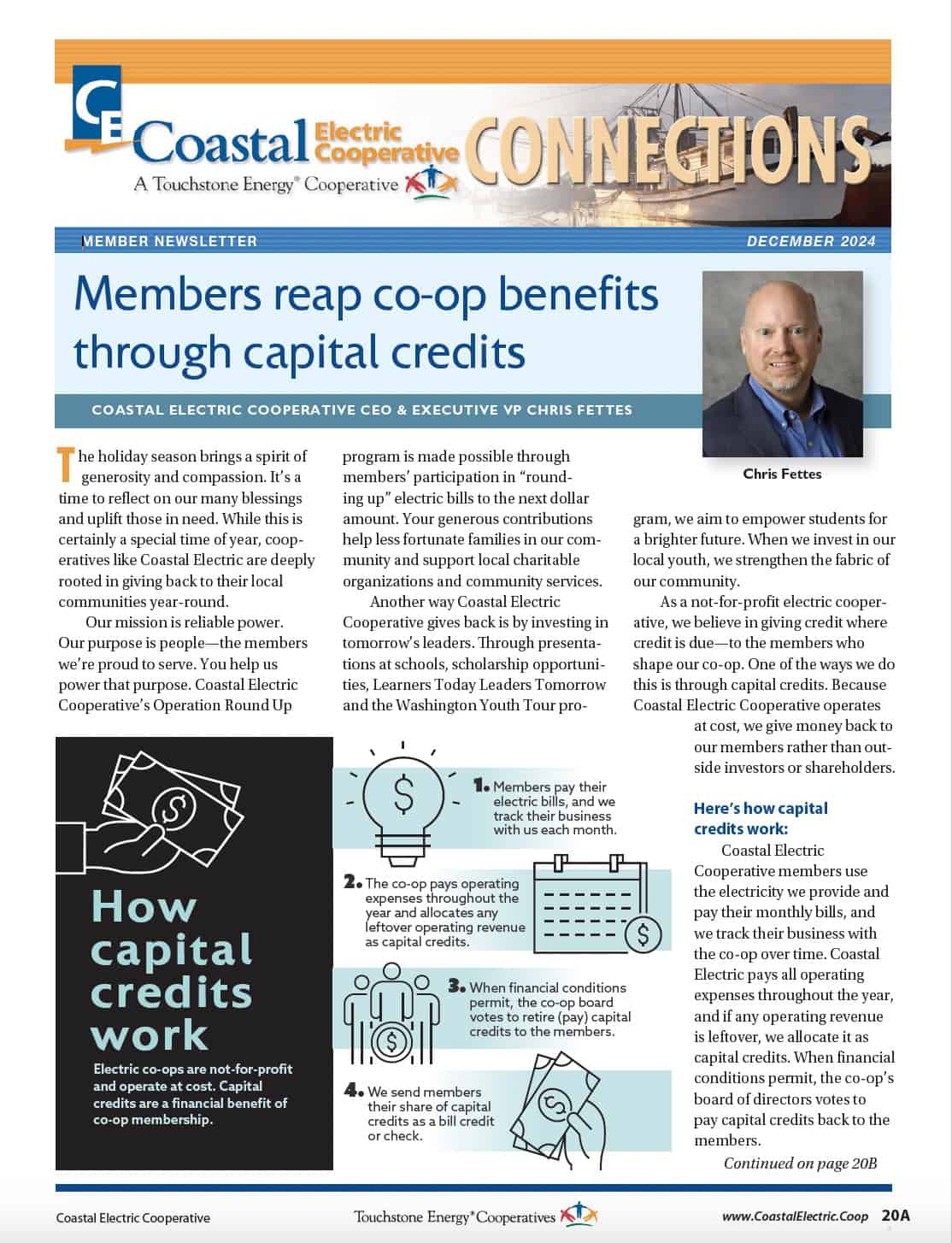 Newsletter for Coastal Electric Cooperative highlights co-op benefits through capital credits. Includes infographic and photo of Chris Fettes.