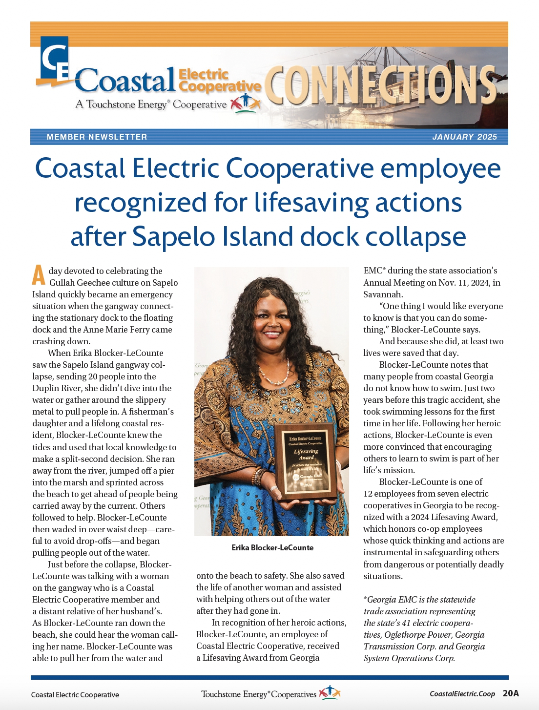 Here's a person being recognized in a newsletter for lifesaving actions during the Sapelo Island dock collapse, featuring an award plaque in hand.