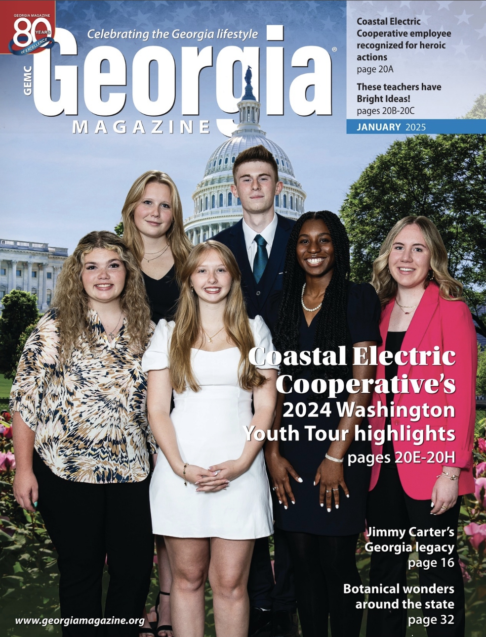 Six smiling people stand in front of the U.S. Capitol, featured on a magazine cover with articles listed.