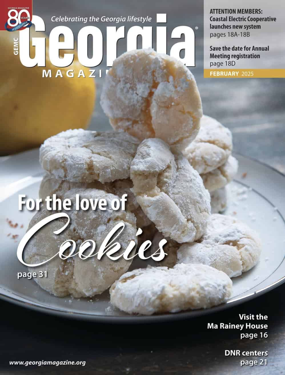 Plate of powdered cookies featured on Georgia Magazine cover. Highlights February 2025 issue, including Coastal Electric news and Ma Rainey House visit.