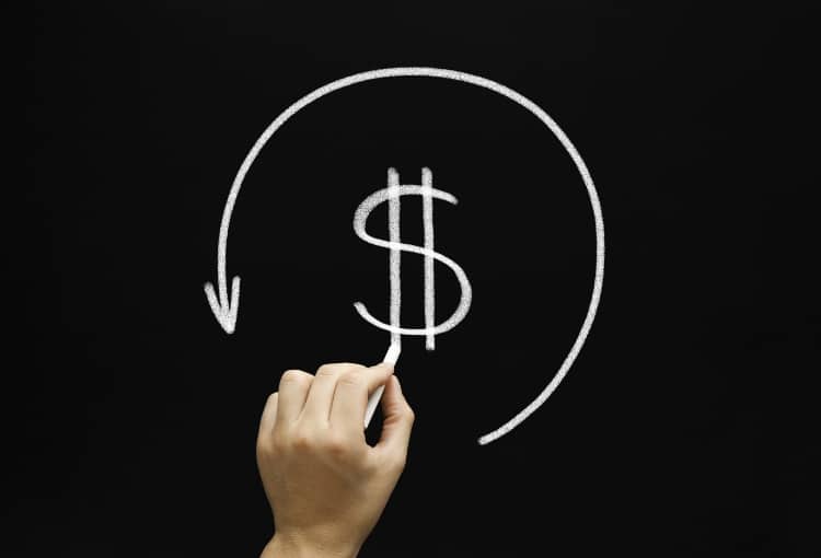Hand-drawn dollar sign with circular arrow on chalkboard illustrating return on investment