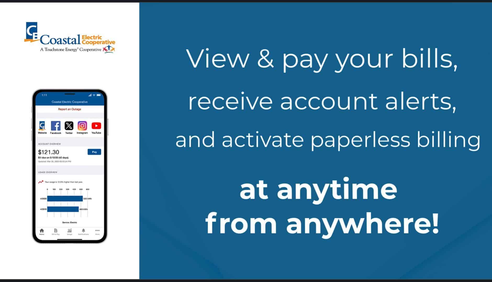 Mobile app ad for Coastal Electric Cooperative, promoting bill payment, account alerts, and paperless billing anytime, anywhere, featuring a smartphone interface.