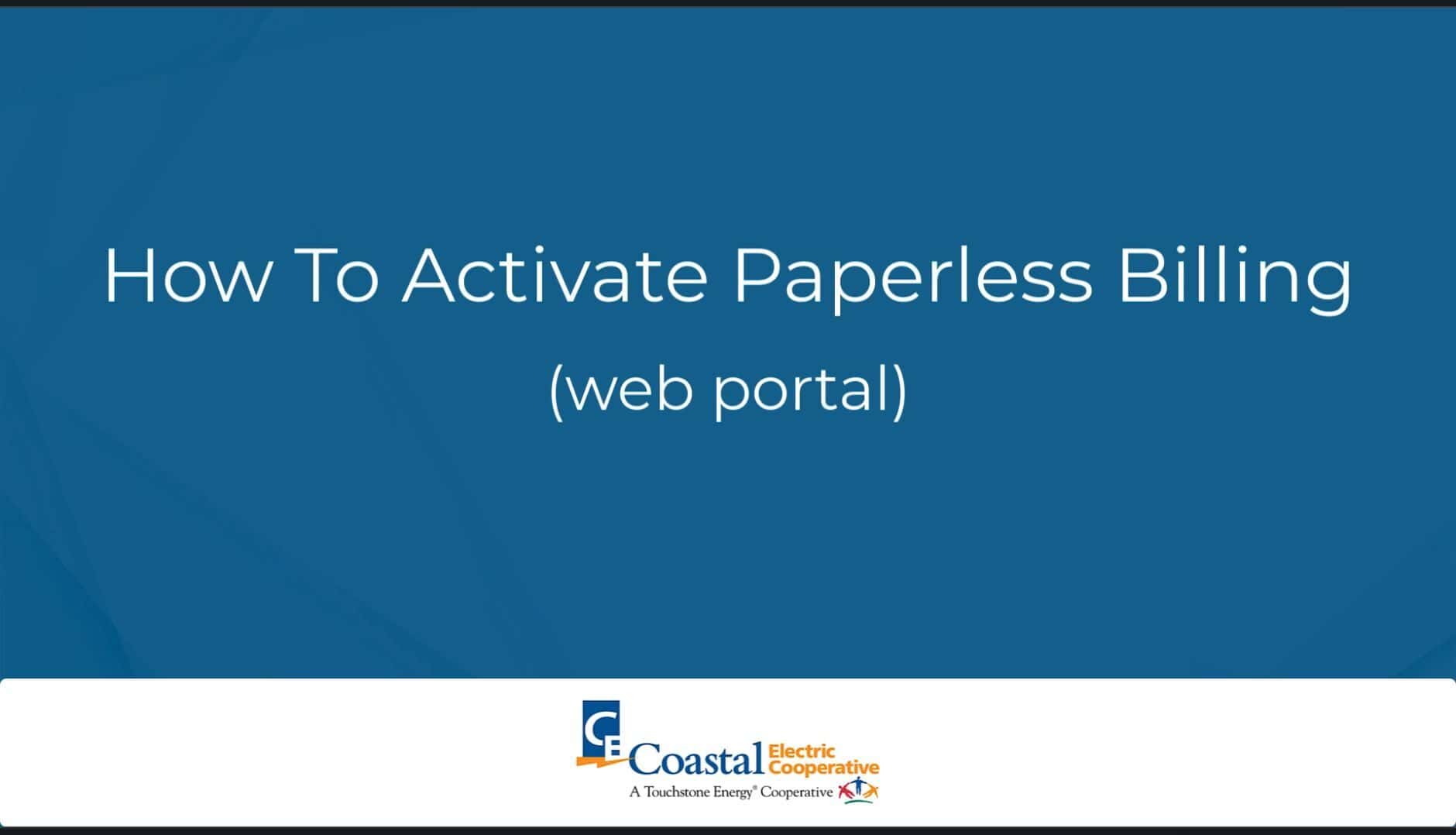 Presentation slide on activating paperless billing via web portal, featuring Coastal Electric Cooperative logo at the bottom center.