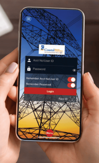 A screenshot of the Coastal Electric app is shown