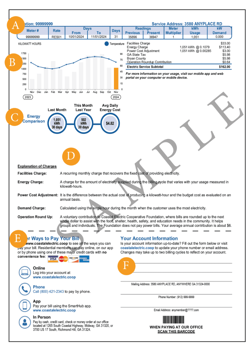 A sample energy bill displays usage graph, charges, payment options, and account information. Contact details and multiple payment methods are highlighted.