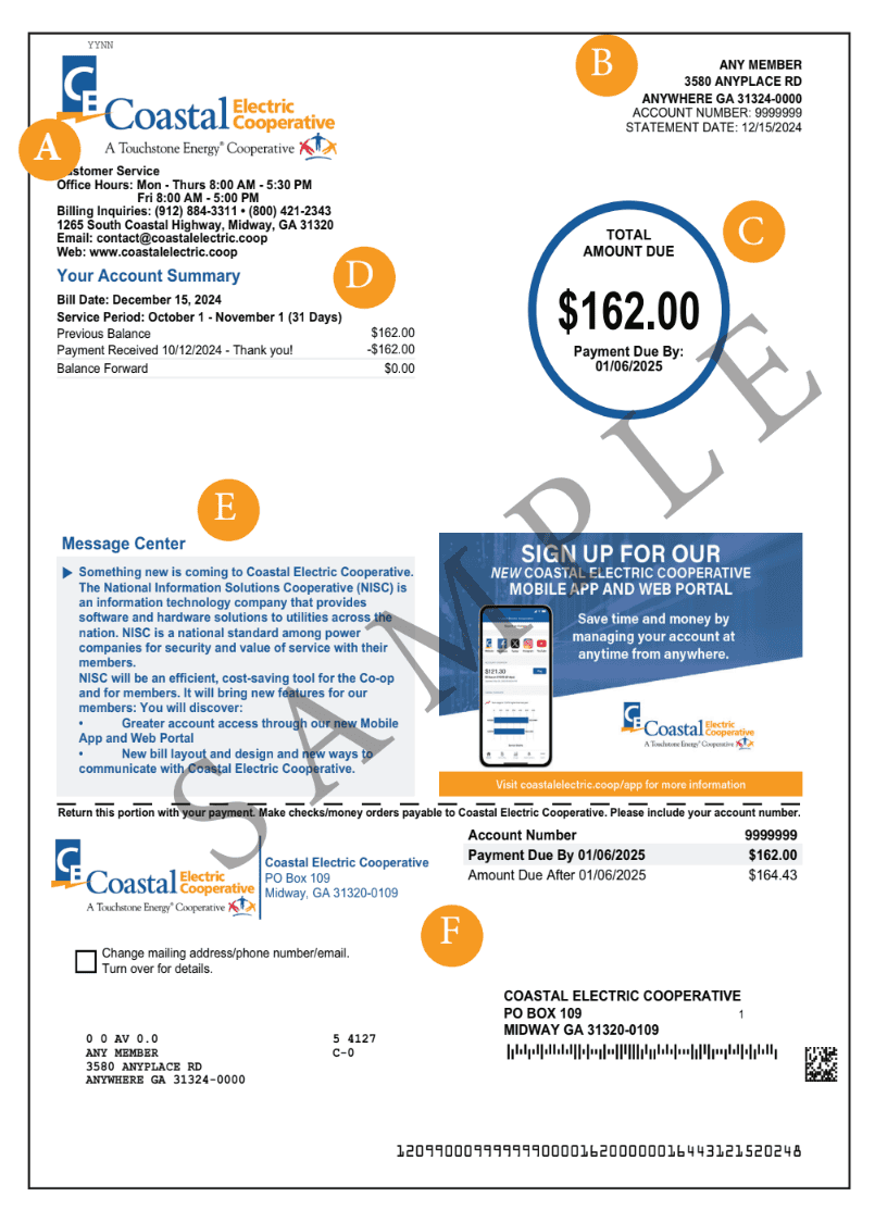 The image is an electric bill from Coastal Electric Cooperative, showing an amount due of $162.00 with contact details and payment information.