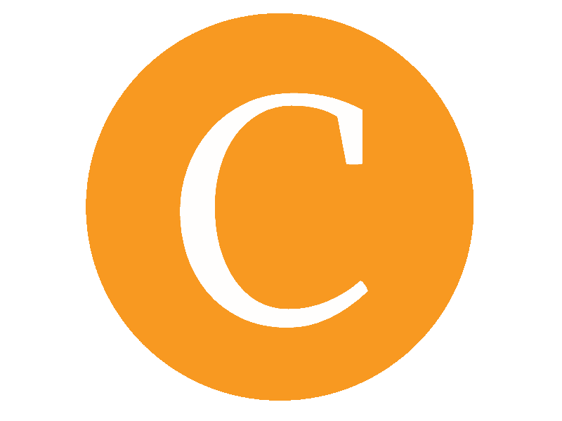 A vibrant orange circle with a bold white letter "C" in the center, set against a transparent background, creating a simple design.