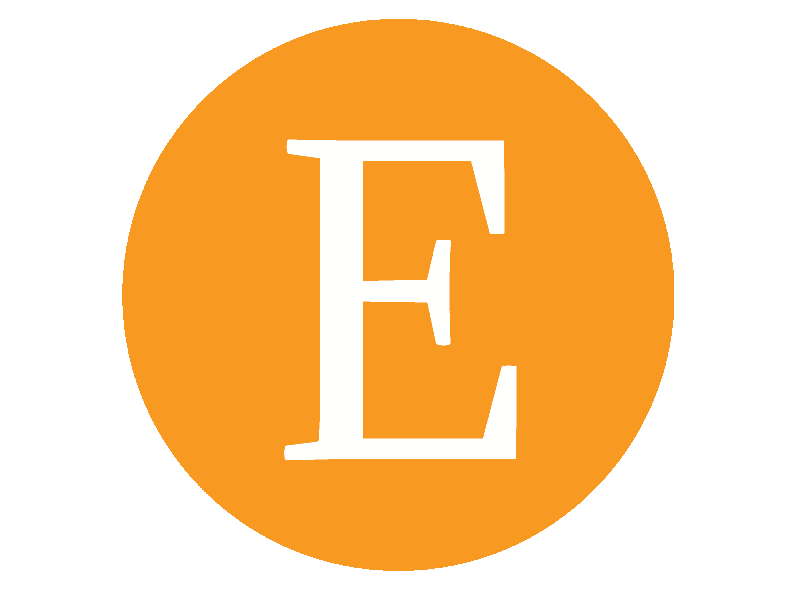 Large orange circle with a white letter "E" in the center, representing the Etsy logo. No landmarks or people visible.