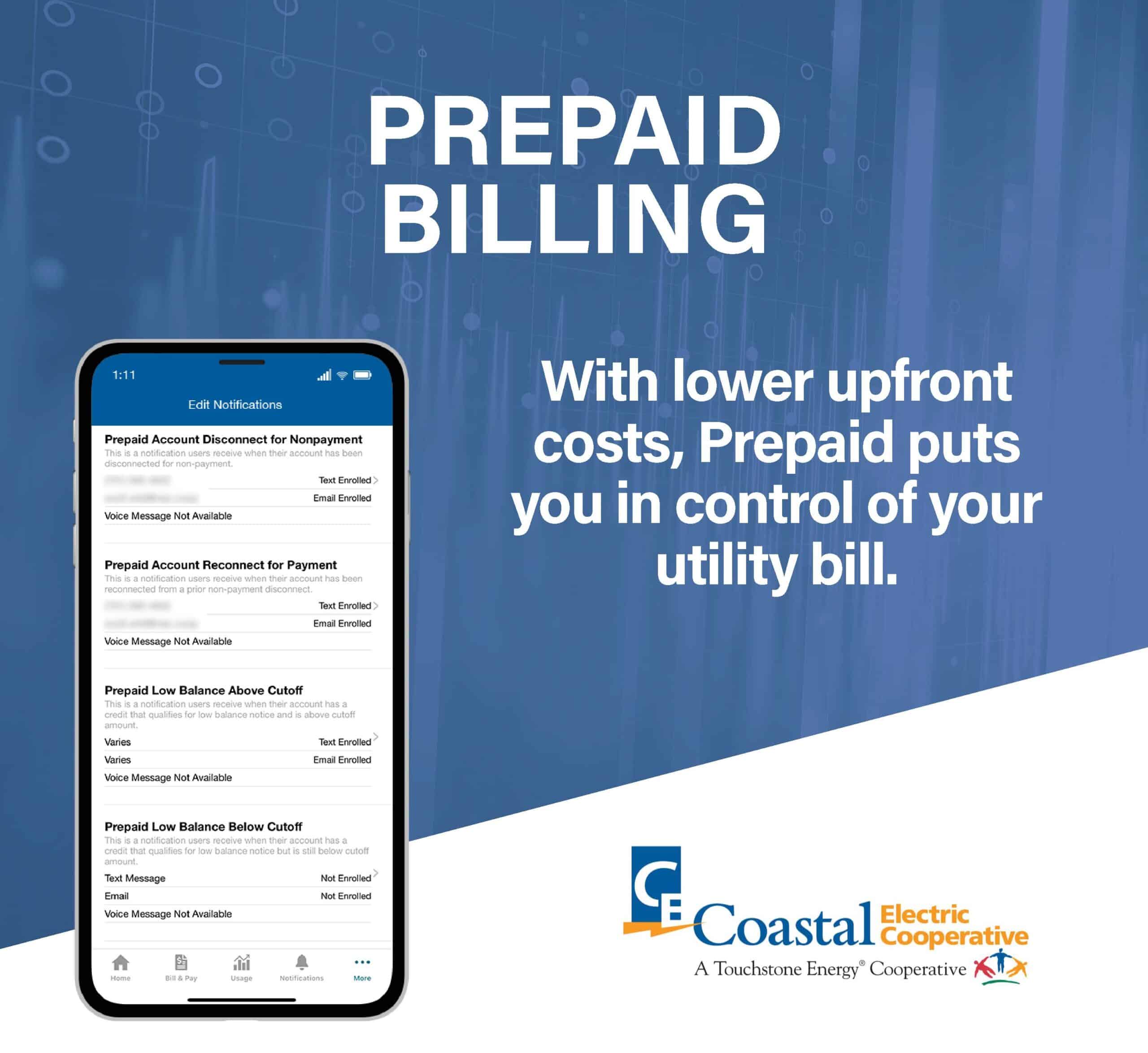 Smartphone app showcasing prepaid billing notifications. Text promotes control of utility bills. Coastal Electric Cooperative logo displayed below. No landmarks visible.