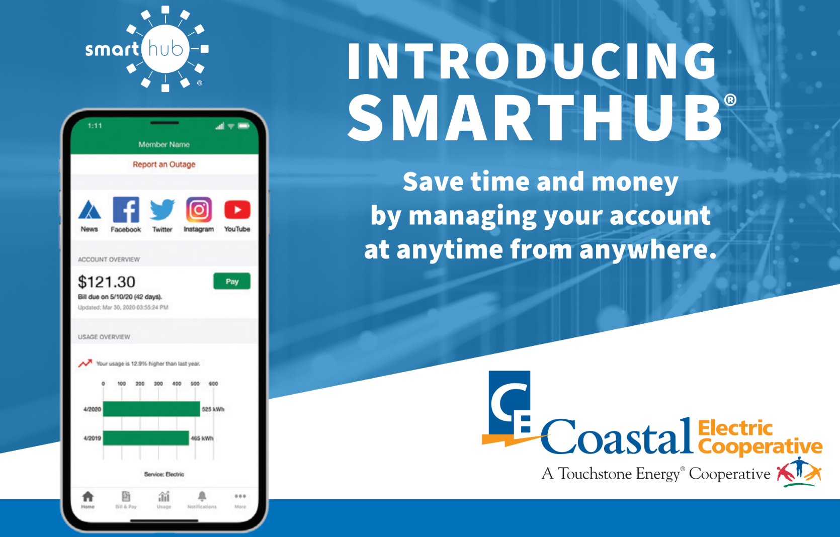 Advertisement for SmartHub app by Coastal Electric Cooperative. It highlights account management on a smartphone for saving time and money, with social media icons.