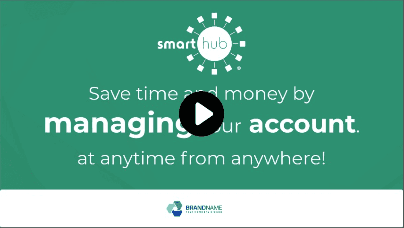 Green advertisement for SmartHub. Promotes managing accounts efficiently. Logo and company slogan visible. Play button suggests video content is available.