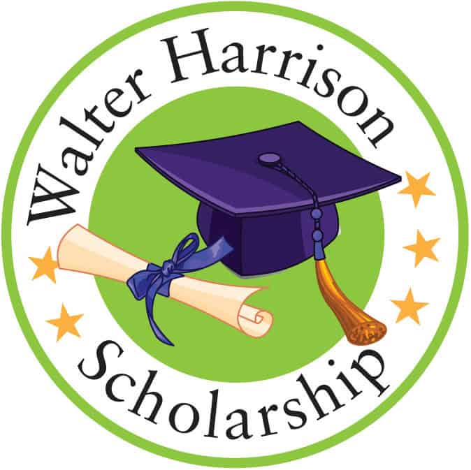 The image features a graduation cap and diploma, encircled by stars, with the text "Walter Harrison Scholarship" on a green background.