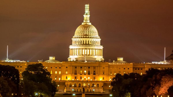 The illuminated United States Capitol at night, showcasing its iconic dome. Trees and cloudy sky frame the historic landmark in Washington, D.C.